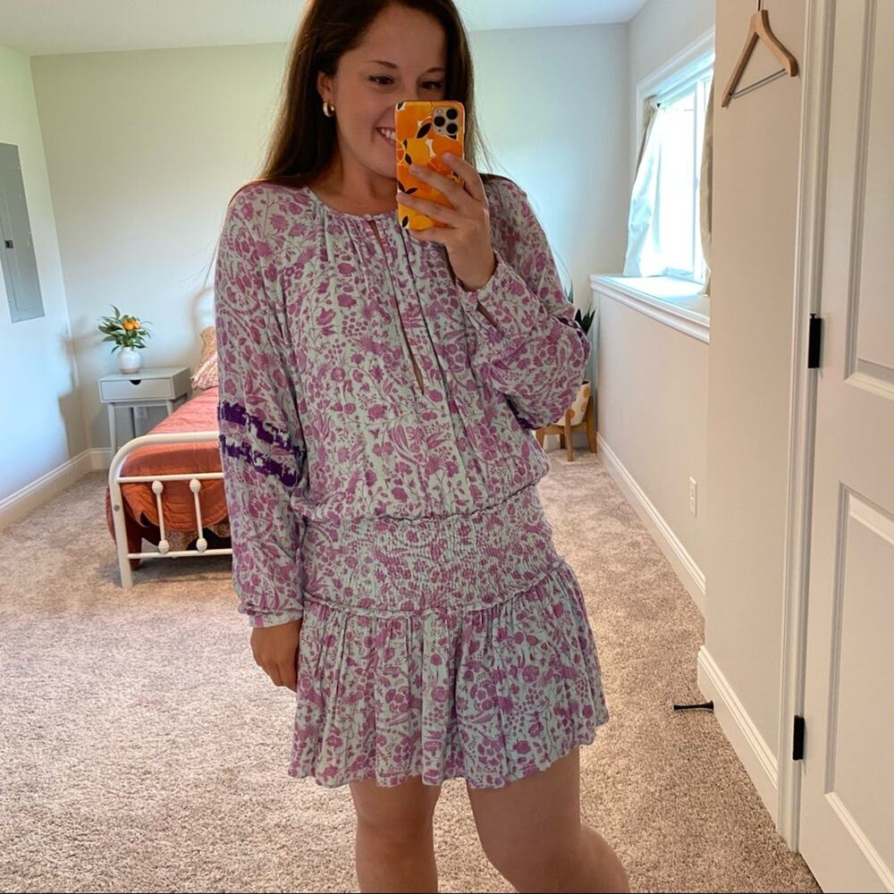 Hemant & Nandita Blue Purple Floral Sequin Smocked Long Sleeve Mini Dress XS - Picture 5 of 16